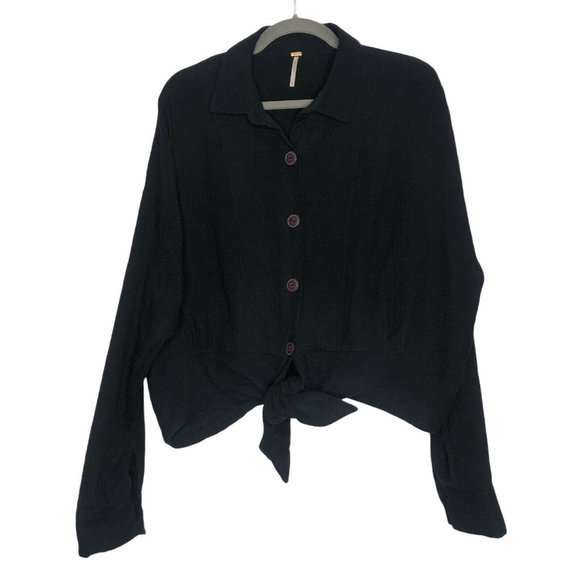 Free People Sunstreaks Tie Front Blouse Black - Picture 2 of 5